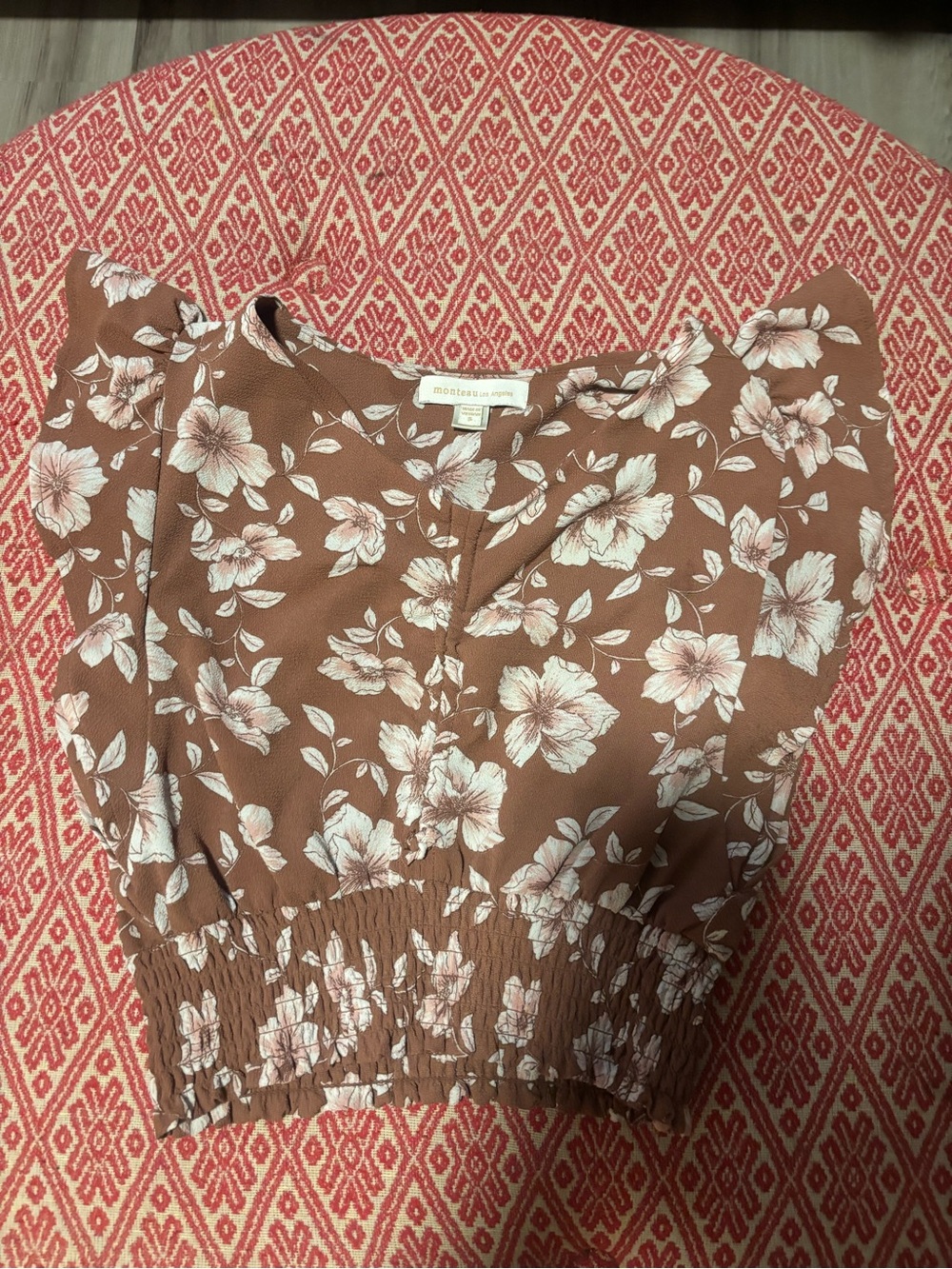 Monteau Brown Floral Crop Top with Smocked Waist